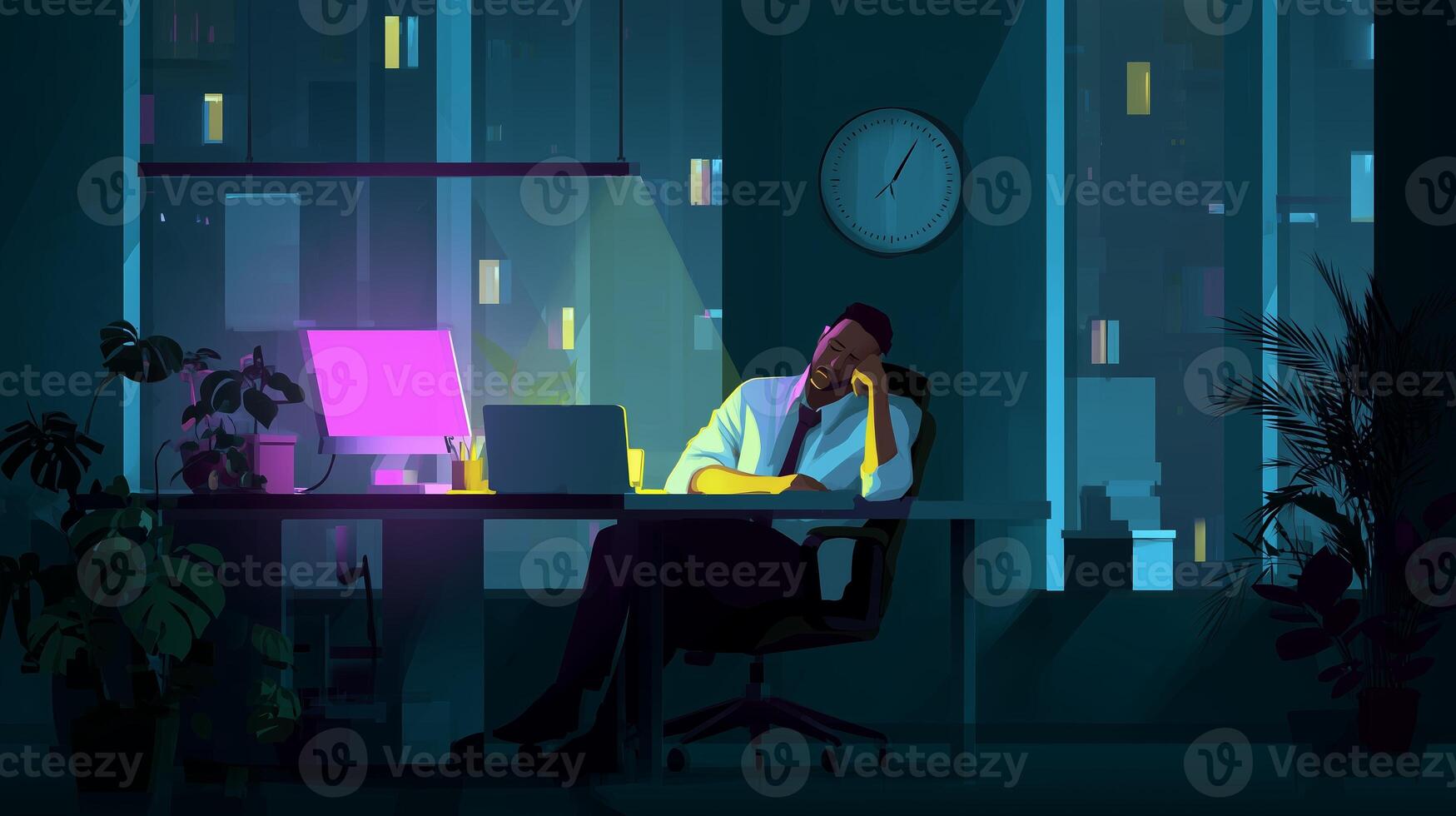 Late-night workaholic struggles with fatigue in a dimly lit office environment photo