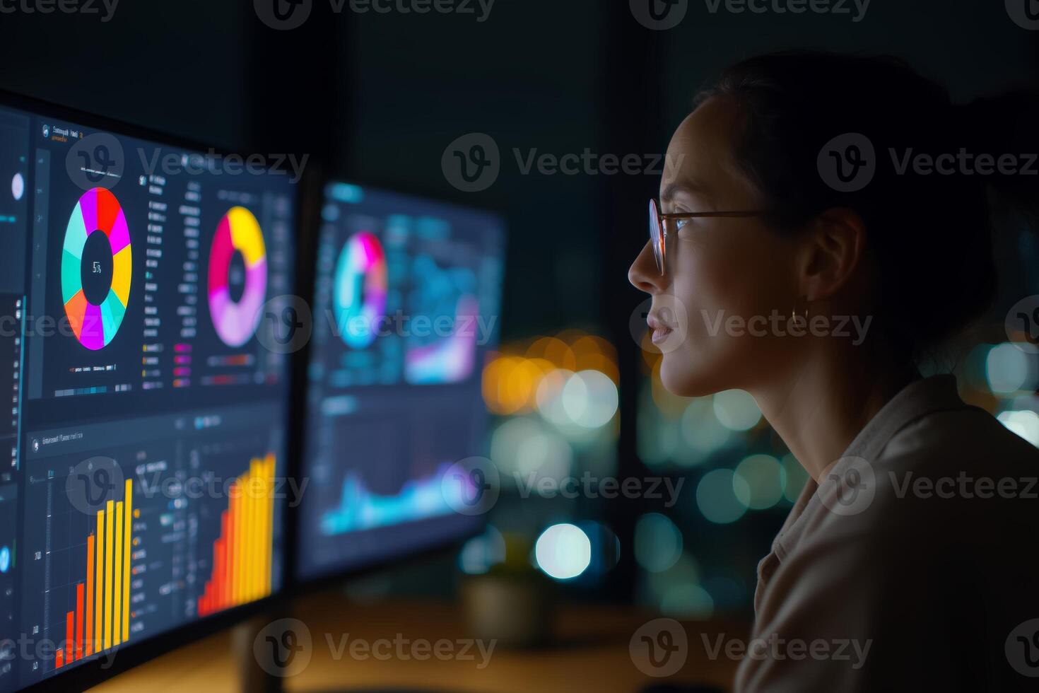 Professional woman analyzing data on multiple monitors at night in a modern office setting photo