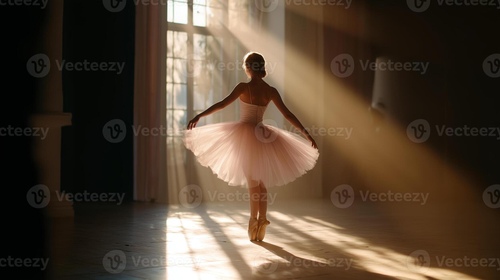 Young dancer performs gracefully in a sunlit studio wearing a delicate tutu and ballet shoes during a late afternoon practice session photo