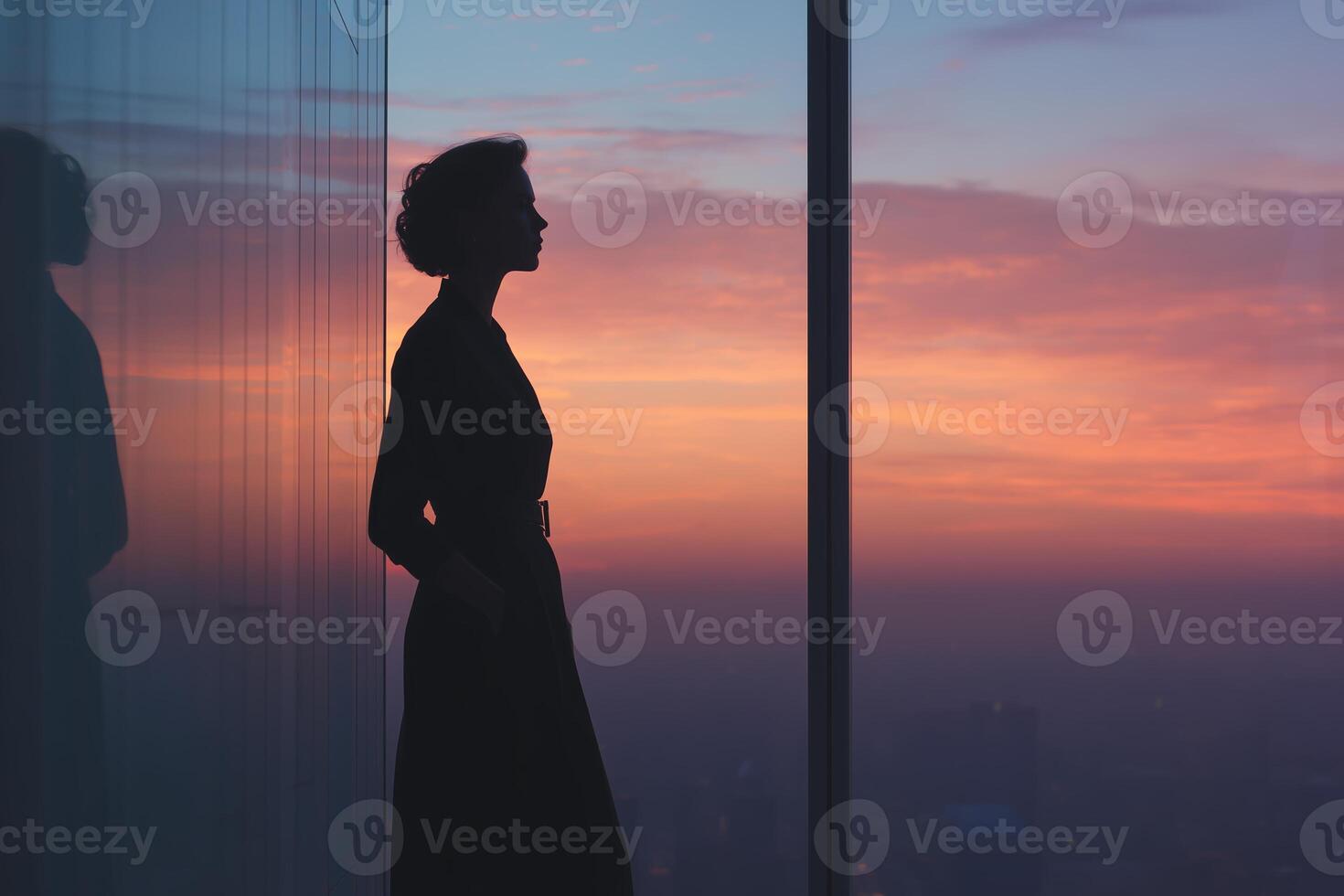 Silhouette of a woman standing by a window against a vibrant sunset city skyline backdrop photo