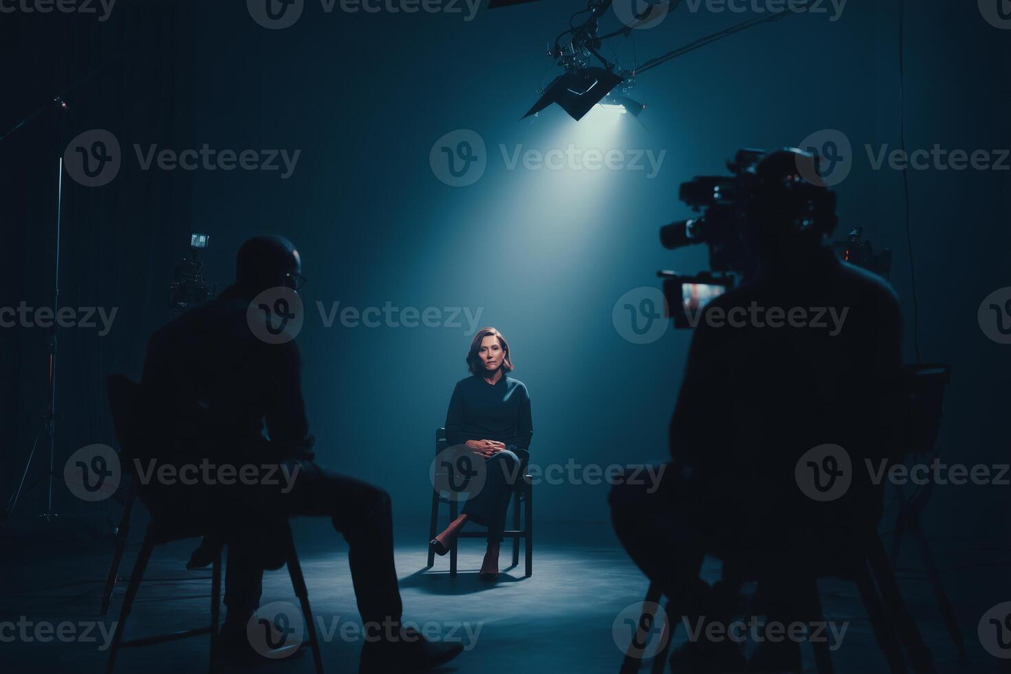 Interview in a dimly lit studio with a woman responding to questions from an unseen interviewer photo