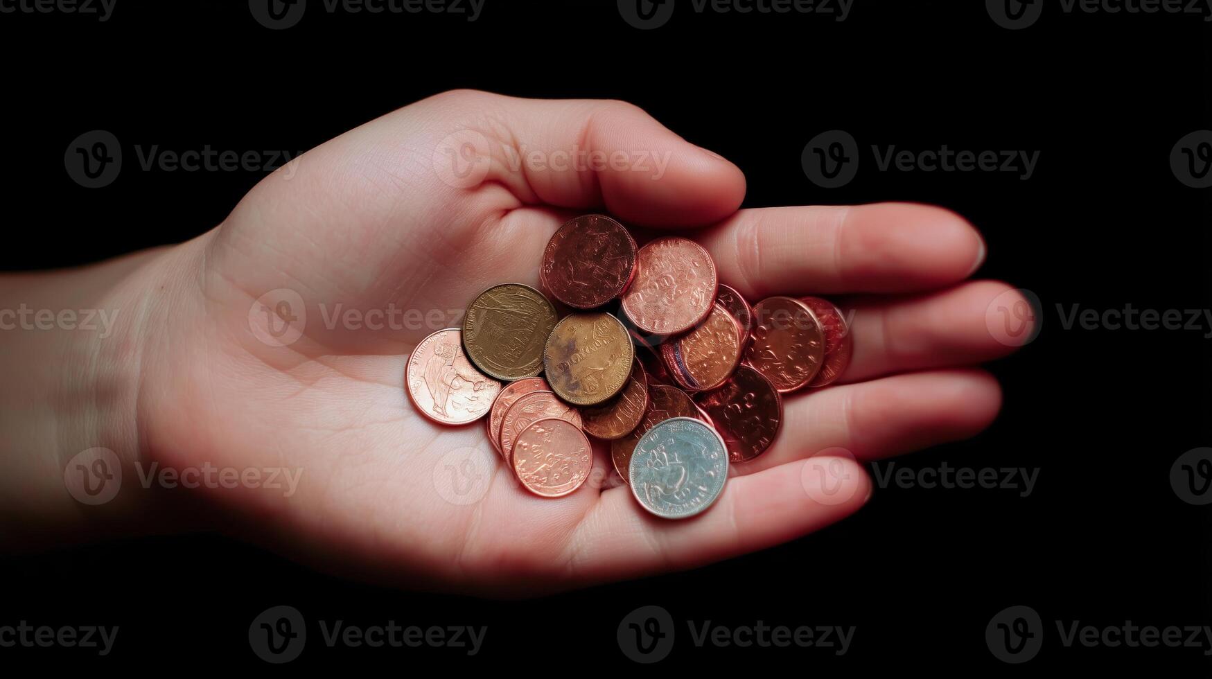 Coins held in hand showcasing various denominations in a dark setting during the day photo