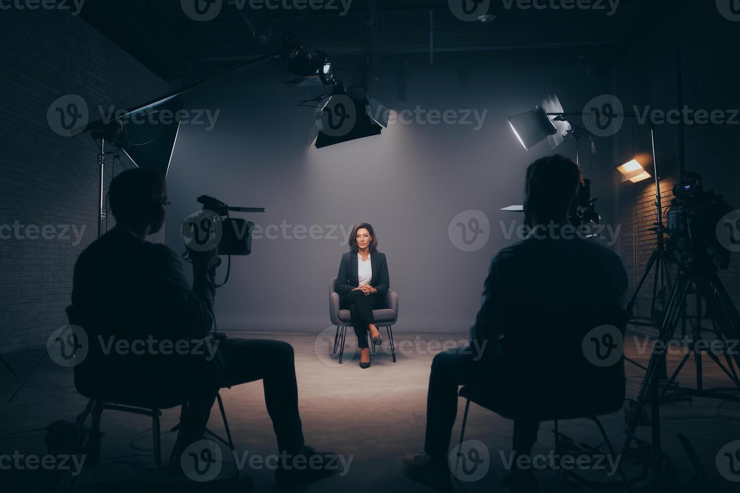 Interview setup with a woman in business attire seated under bright lights in a studio environment photo