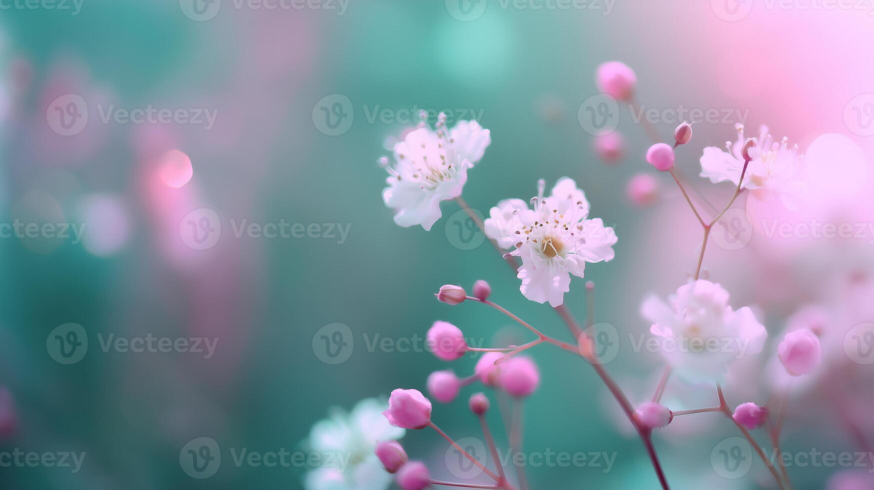 Delicate white flowers bloom amidst soft pink buds in a serene garden at dawn photo