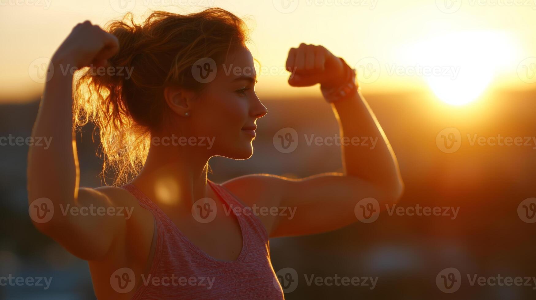Woman celebrates strength with raised arms during sunset at a scenic overlook photo