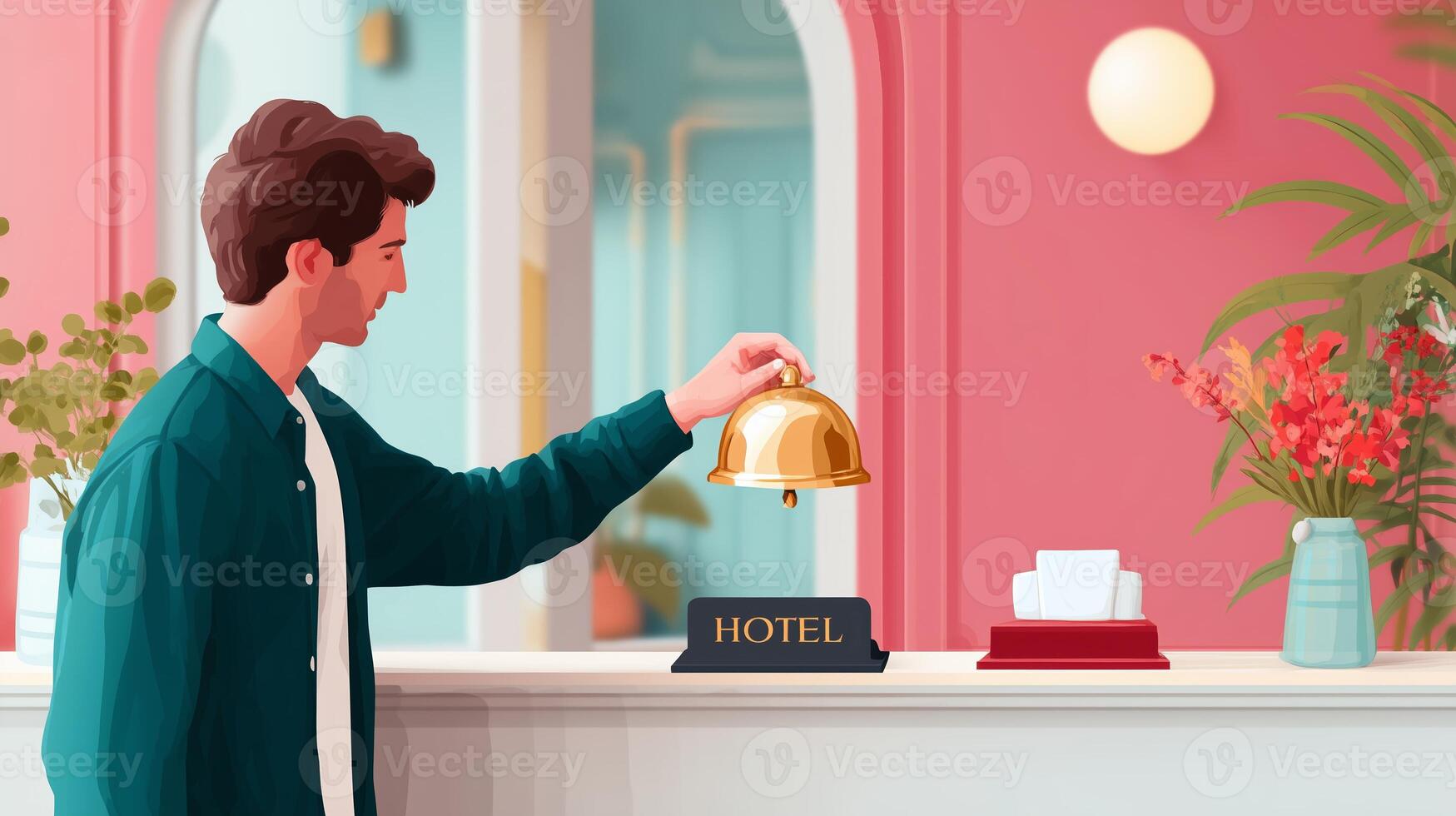 Check-in moment at a modern hotel reception with a guest ringing the bell for assistance photo