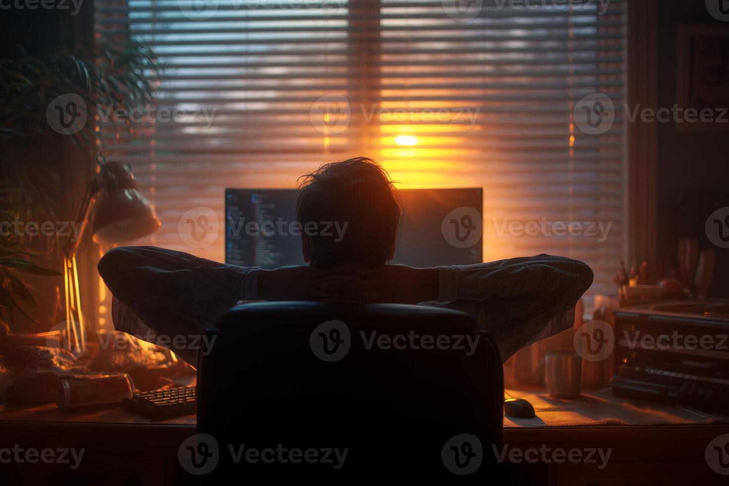 Sunset glow illuminates a person working at a computer desk in a cozy indoor setting during evening hours photo