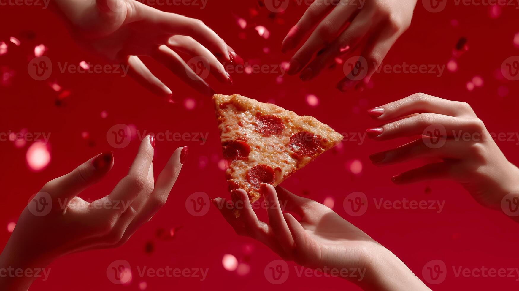 Hands reaching for a slice of pepperoni pizza against a vibrant red background with confetti photo