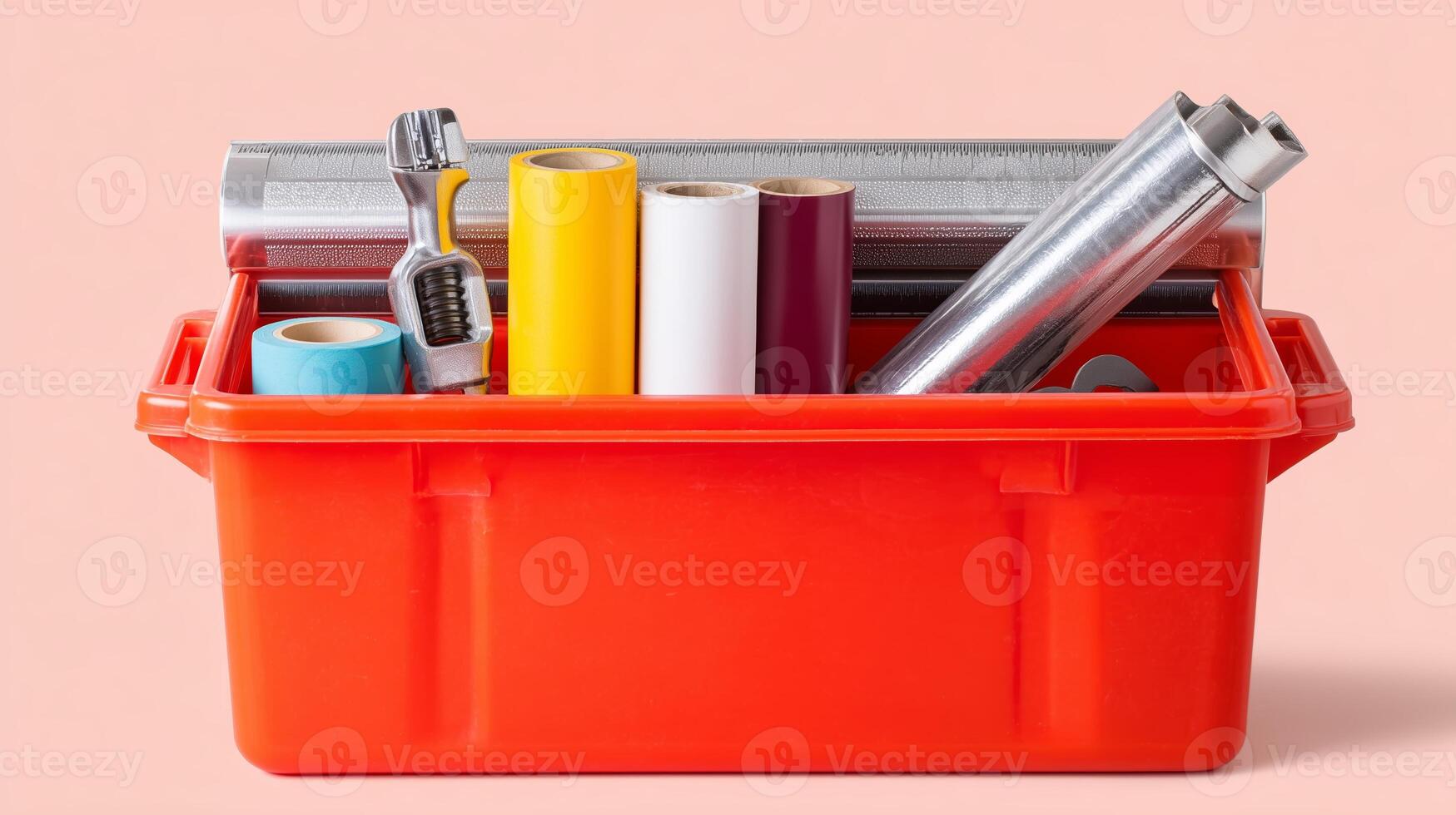 Colorful toolbox filled with various rolls and painting supplies on a light background photo