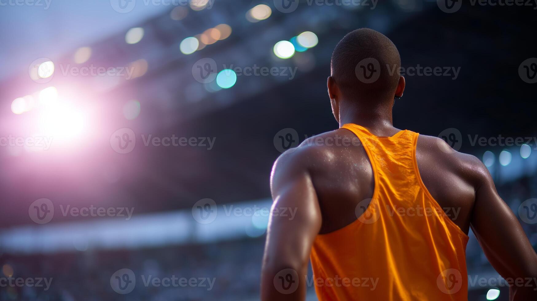 Runner prepares for competition under stadium lights during evening athletic event photo