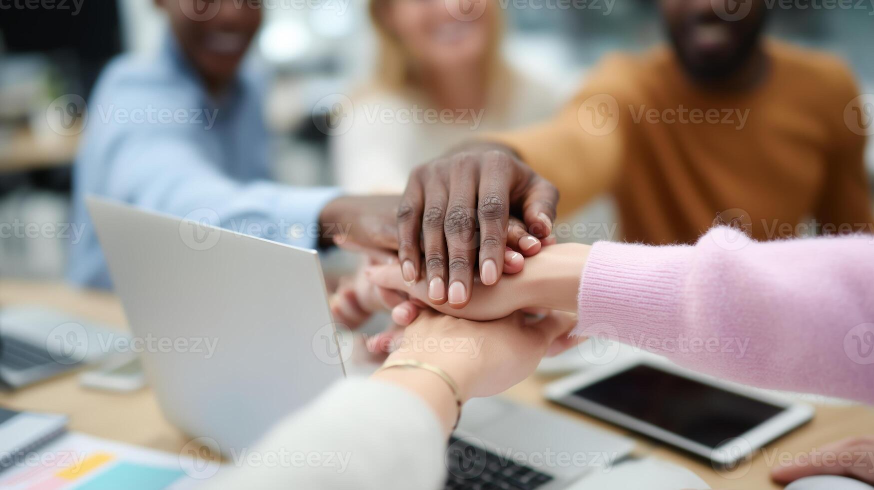 Teamwork and collaboration at an office setting with hands joining together over a laptop during a brainstorming session photo