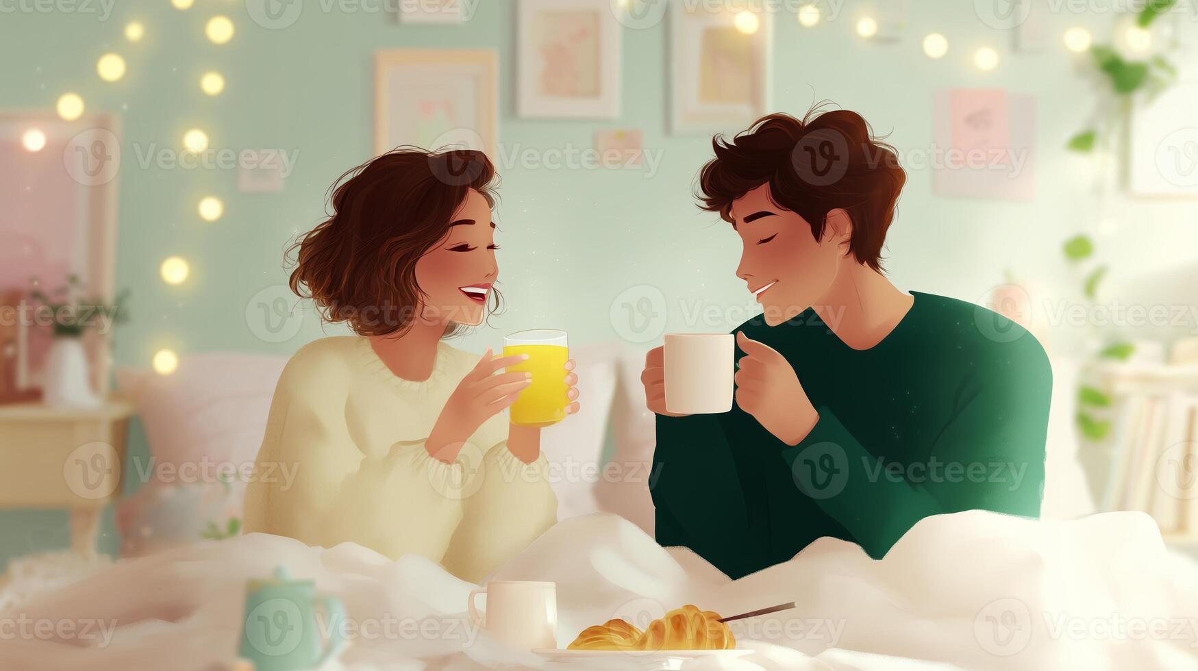 Cozy morning in bed with warm drinks and pastries during a whimsical winter day photo