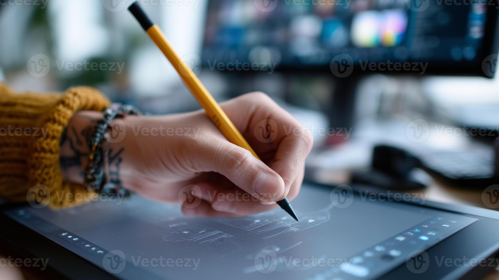 Creative digital artist working on tablet in modern workspace with soft lighting and computer screens displaying vibrant designs photo
