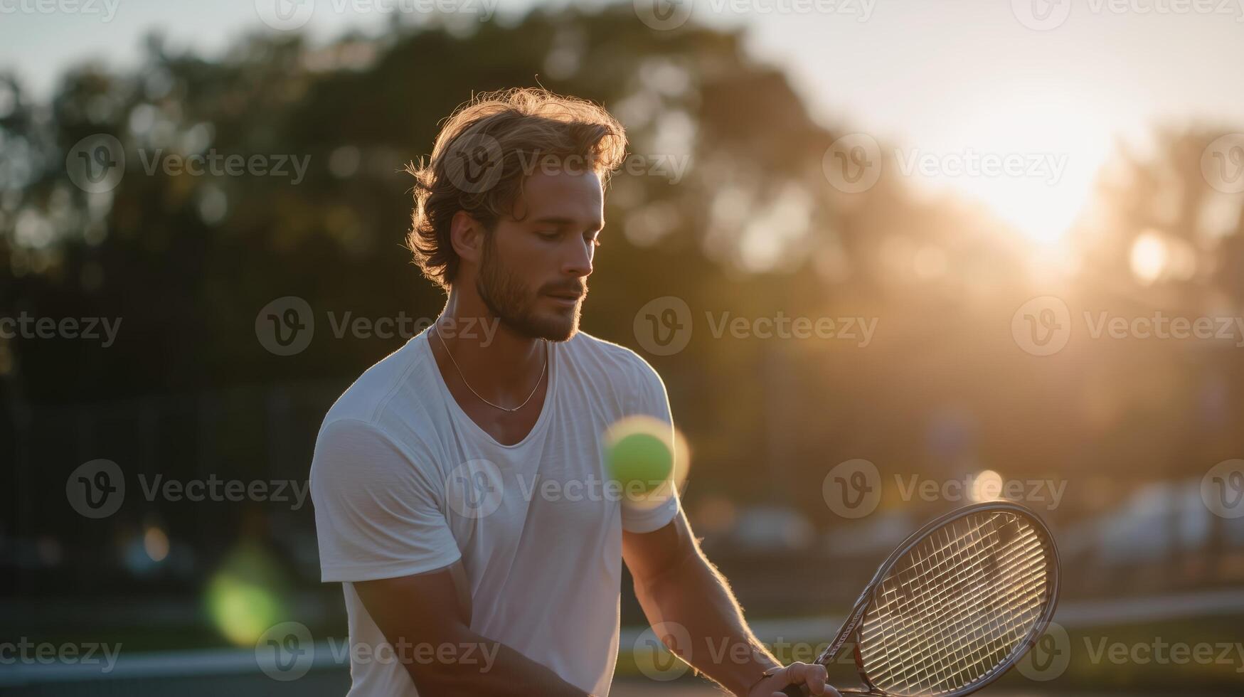 Tennis player practicing in golden hour light on an outdoor court surrounded by trees photo