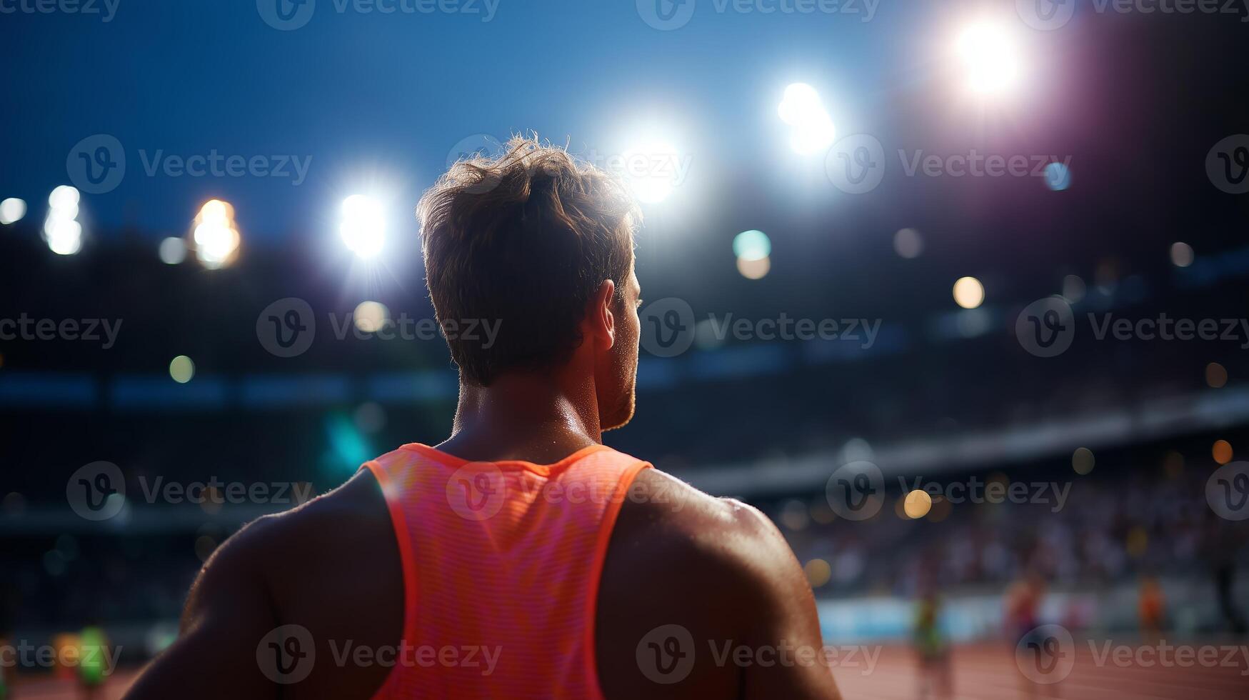Athlete prepares for race under bright stadium lights during evening track event in sports arena photo