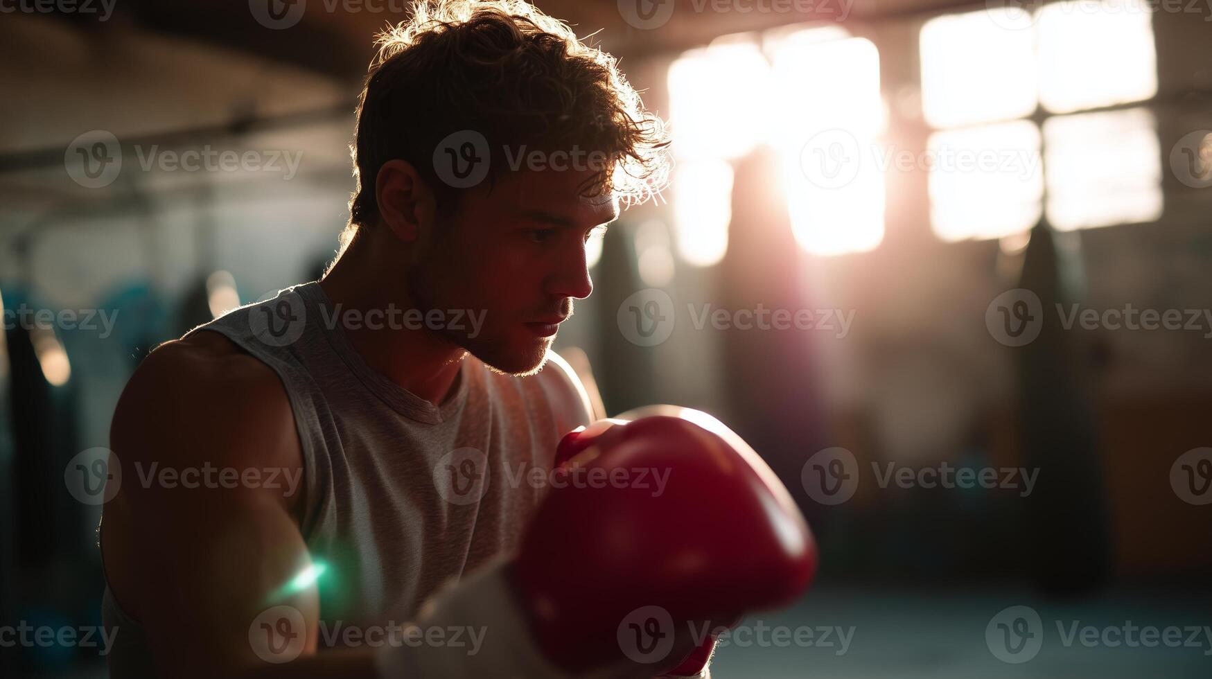 Young boxer training intensely in a dimly lit gym with sunlight streaming through windows photo