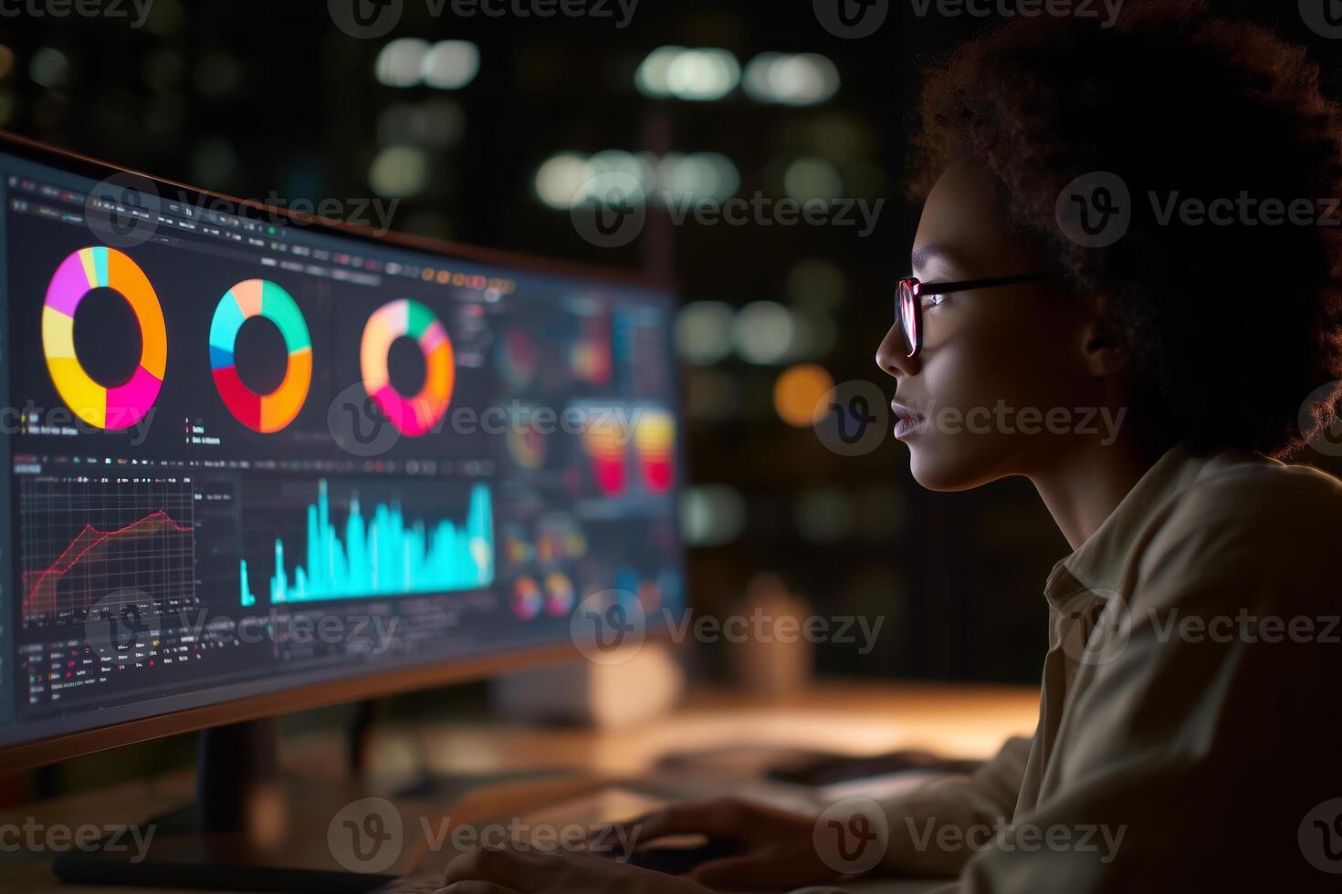 Late night data analysis in a modern office with colorful graphs and charts displayed on the screen photo
