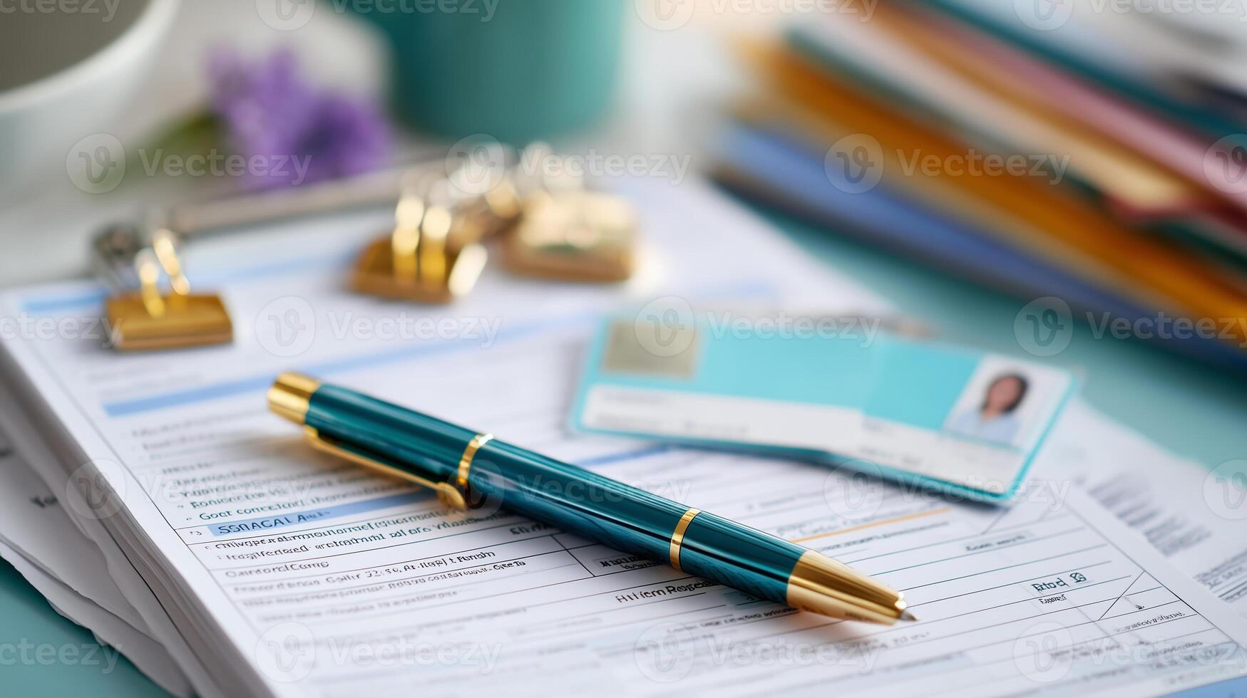 Important paperwork and identification card on a workspace during a busy office day photo