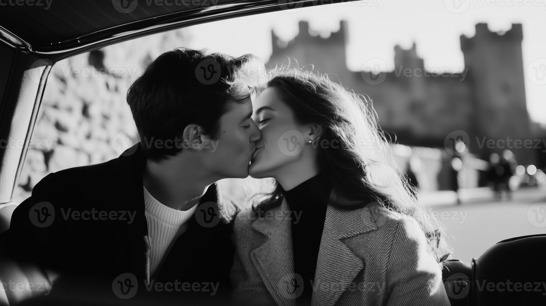 Young couple shares a romantic kiss in front of historic castle on a sunny day photo