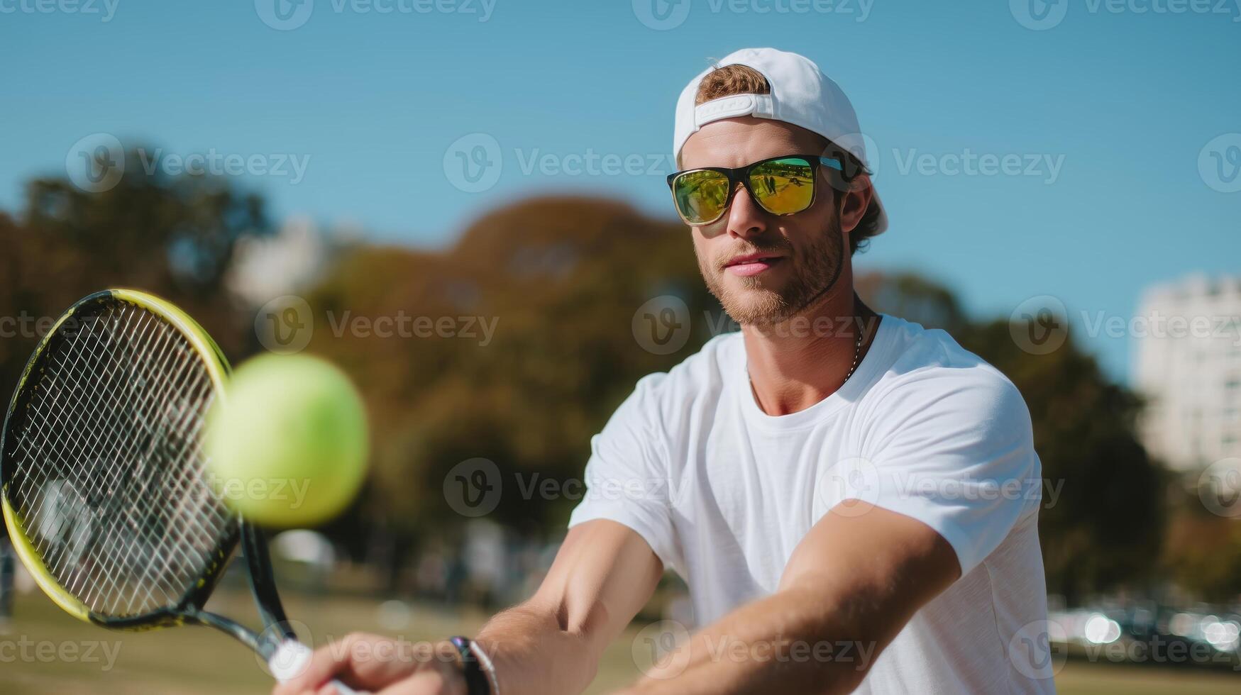 Young man playing tennis outdoors during sunny day, focusing on ball with intense concentration for an exciting match photo