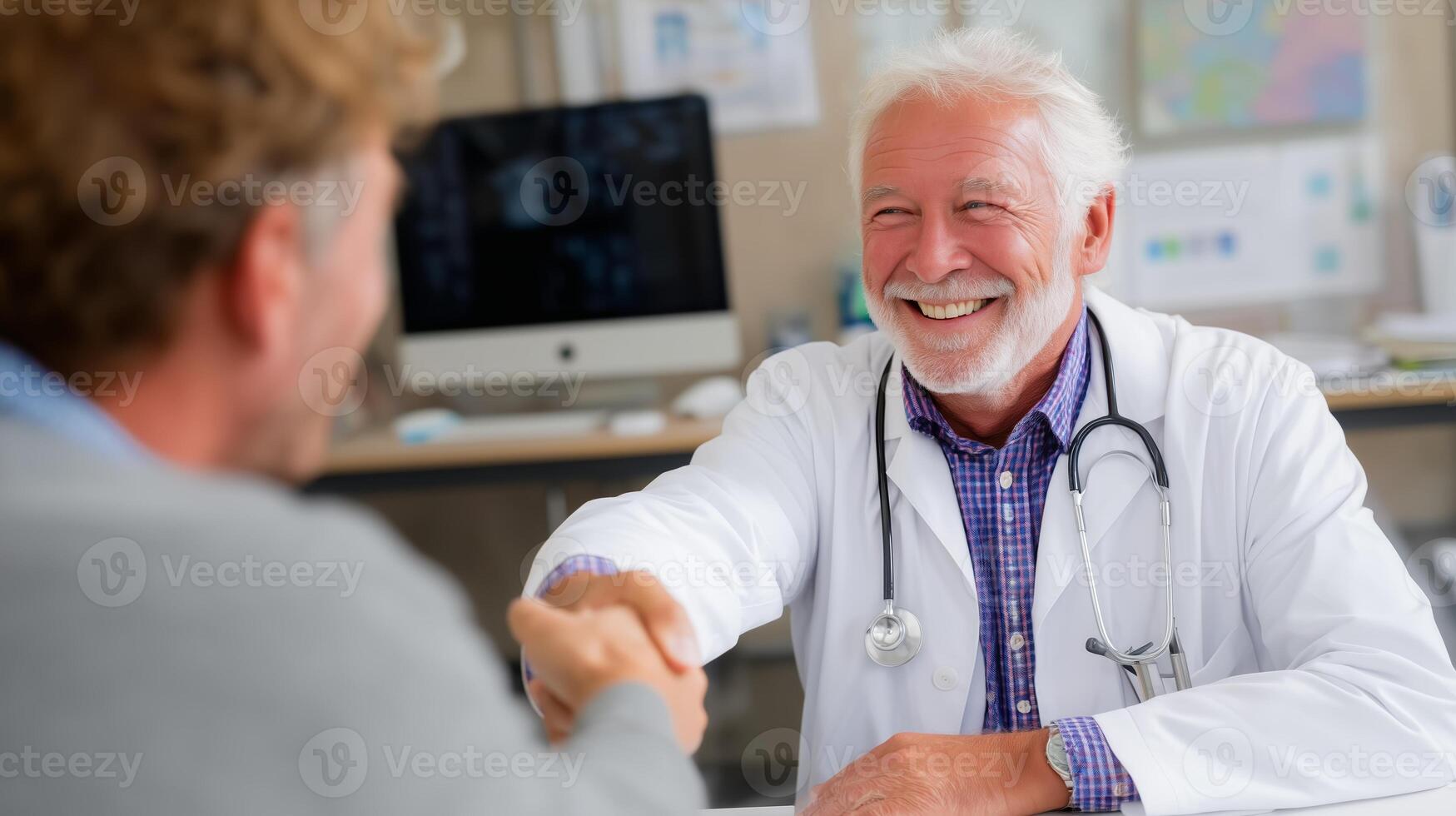 Friendly doctor greets patient with a handshake in a modern medical office during a routine consultation photo