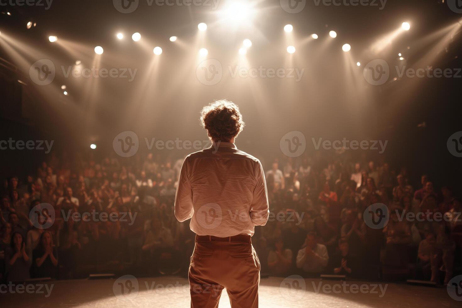 Engaging speaker presents to enthusiastic audience in a dimly lit theater during a live performance photo