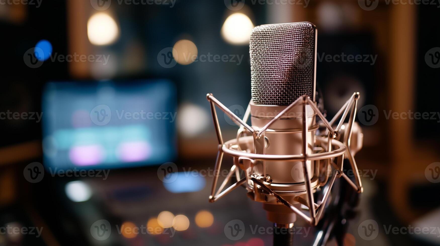 Studio microphone captures sound in a professional recording environment with warm lighting and audio equipment photo