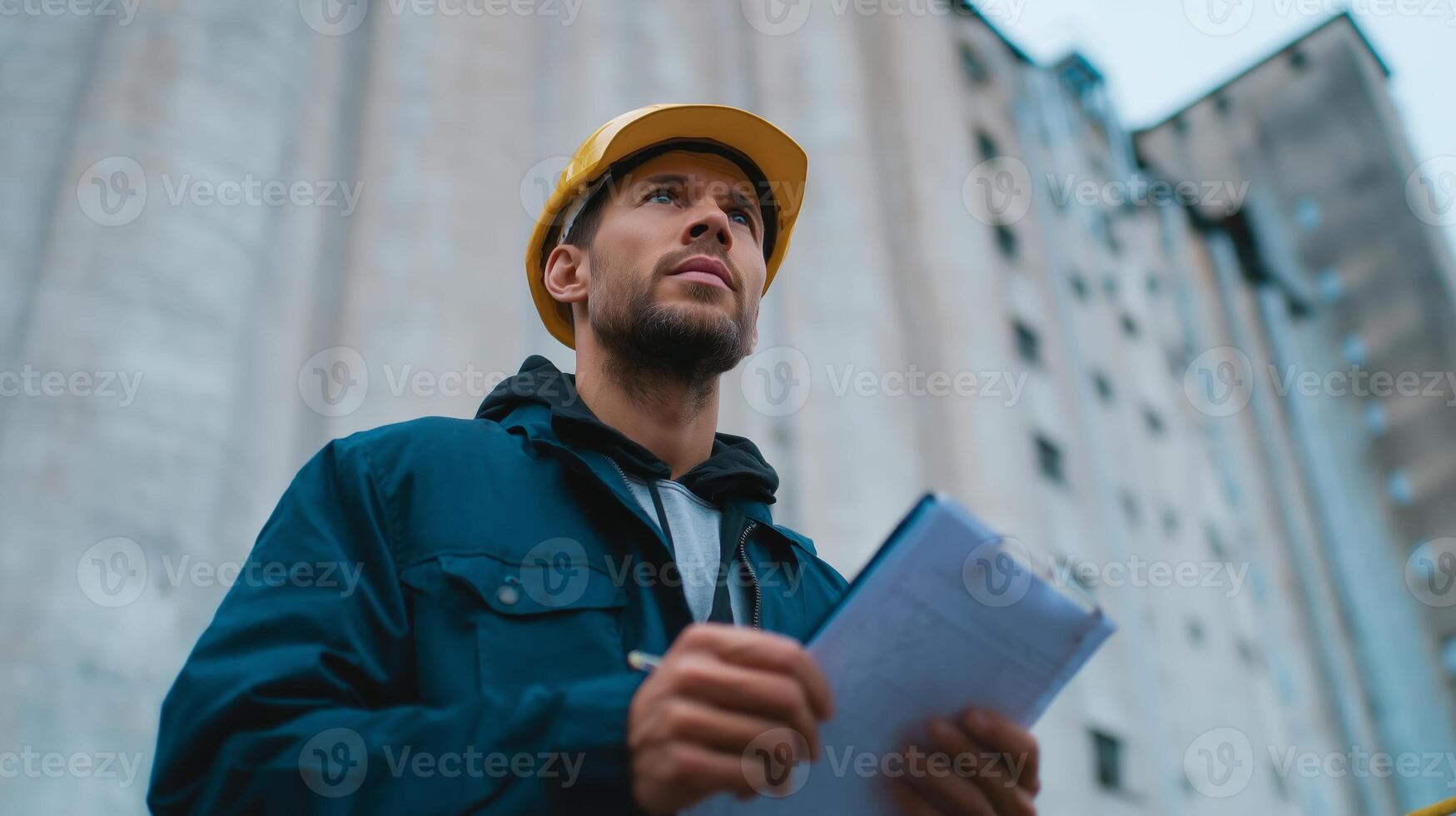 Construction worker evaluating building progress at a construction site in the early evening light photo