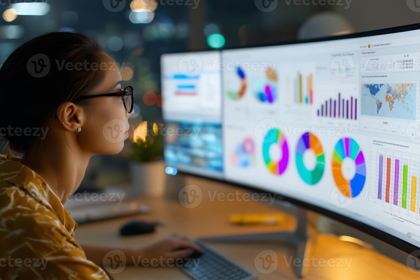 Data analyst works on multiple screens showcasing visual graphs and statistics in an office environment during nighttime photo