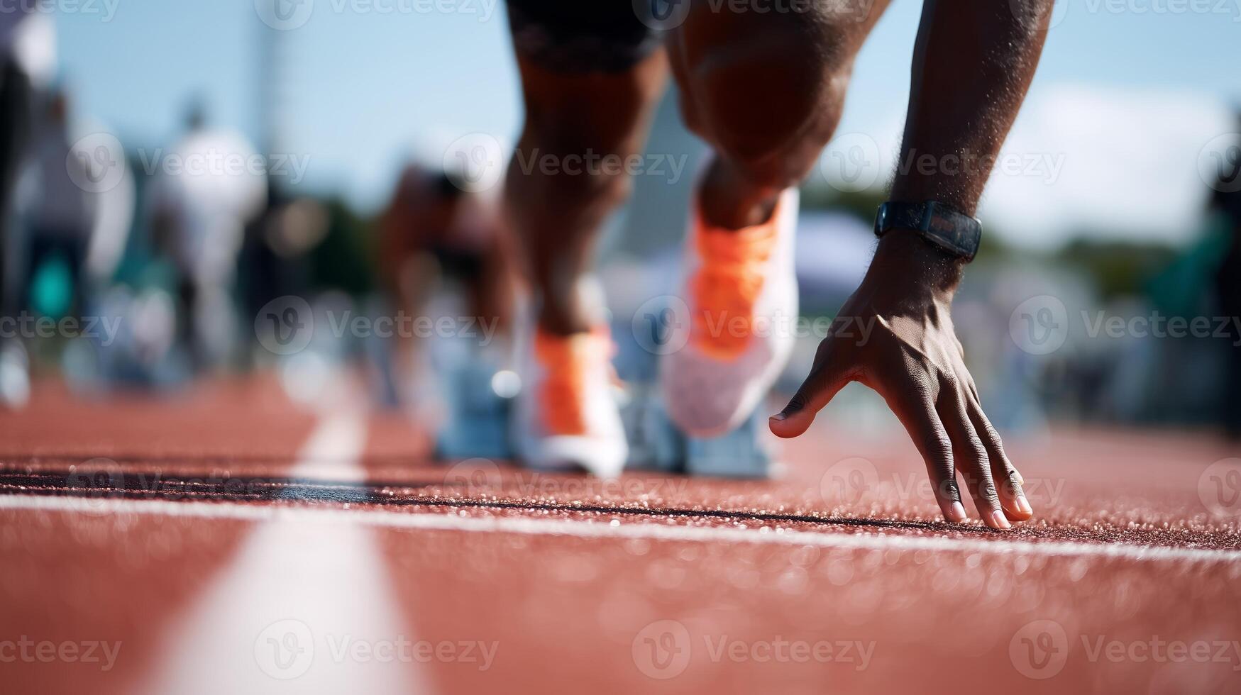 Runner in starting position on track during a sunny day in an outdoor athletic event aiming for speed and precision photo