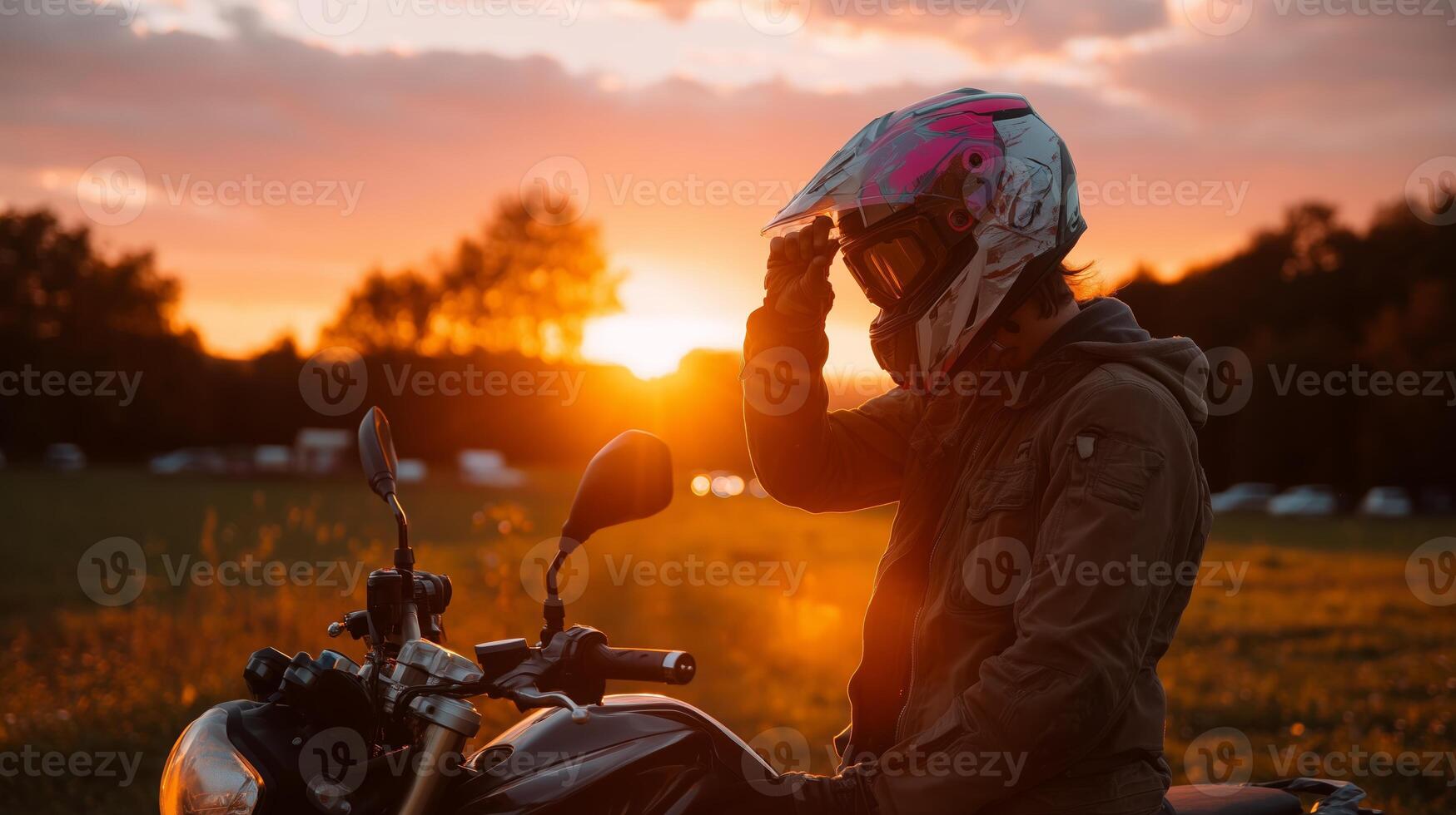 Motorcycle rider enjoying sunset view while adjusting helmet in serene outdoor setting photo