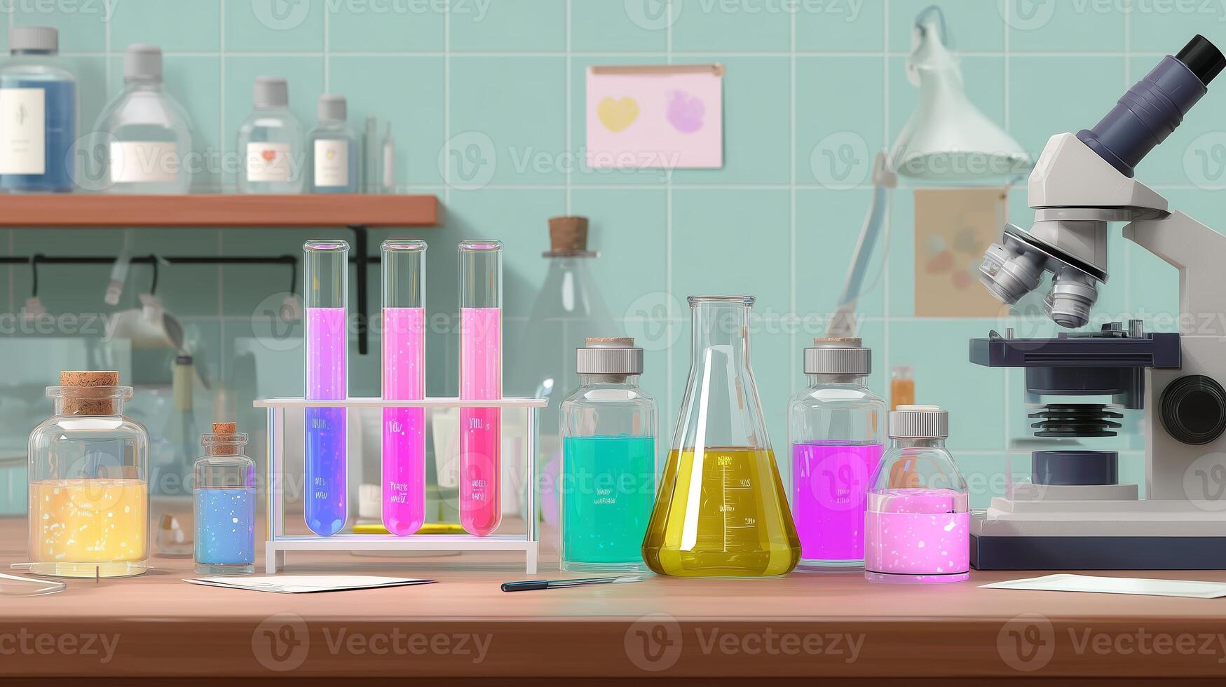 Colorful lab setup with test tubes and a microscope showcasing scientific exploration in a bright environment photo