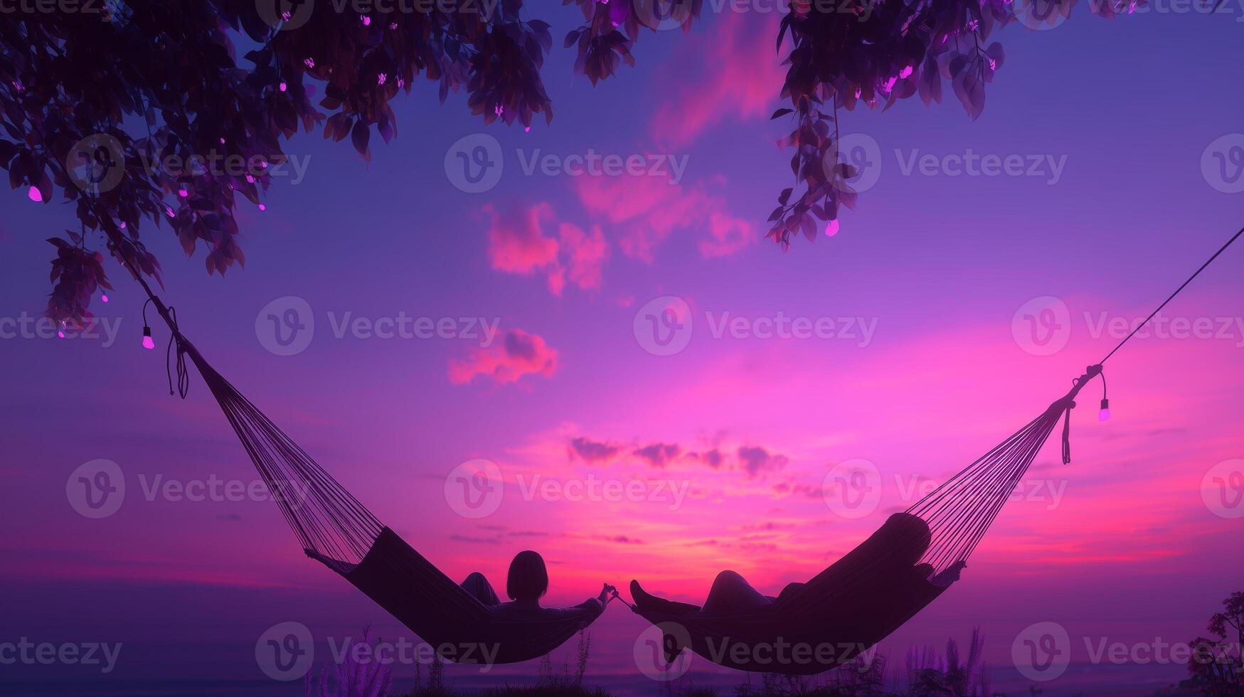 Couples relaxing in hammocks during a vibrant sunset by the beach under glowing lights photo
