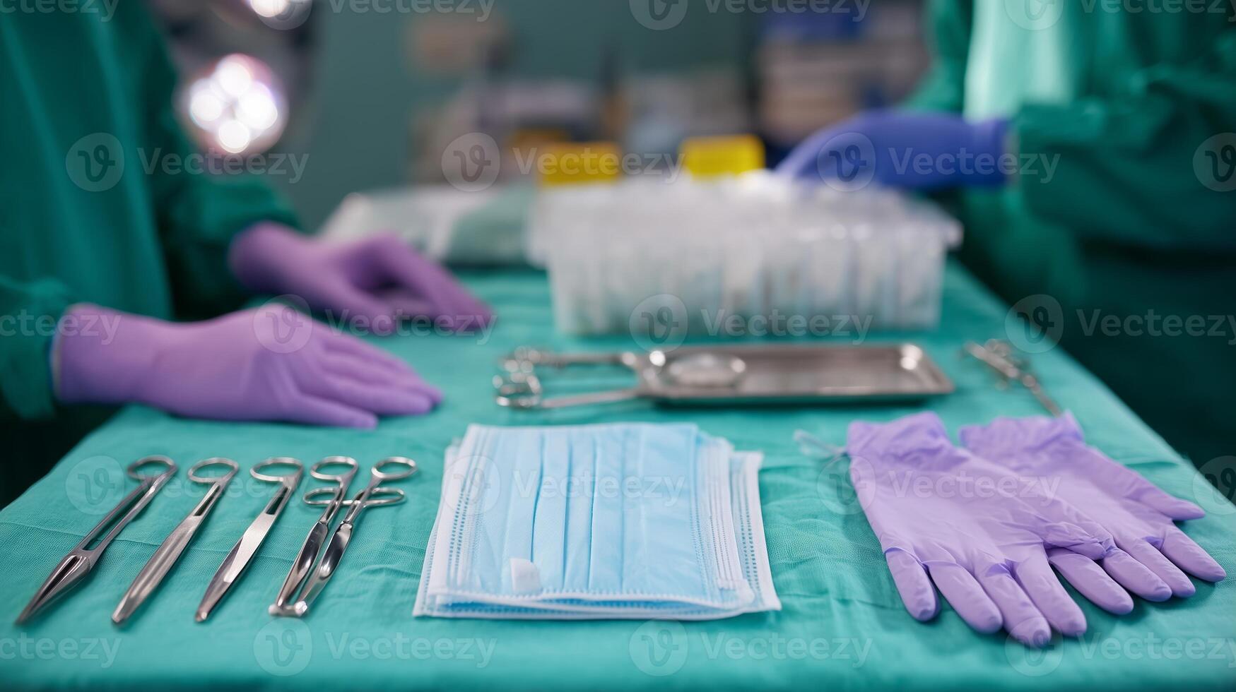 Surgical tools and gloves prepared on a green cloth in a medical facility before a procedure photo