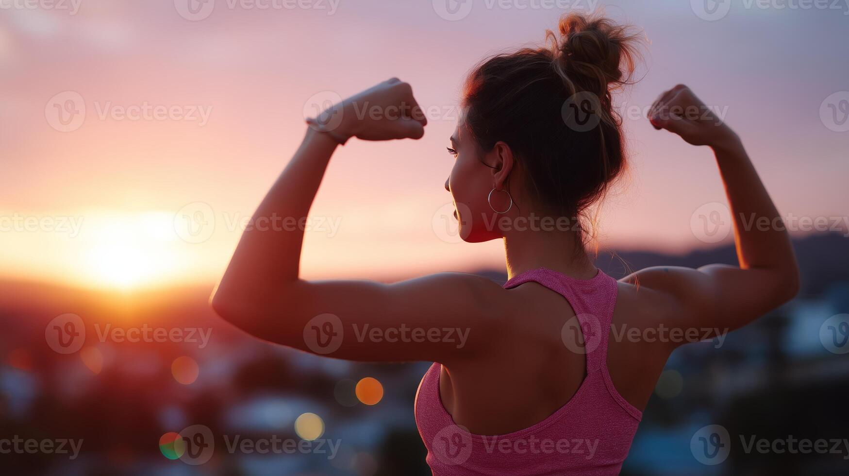 Young woman flexes muscles at sunset in cityscape, celebrating fitness and strength photo