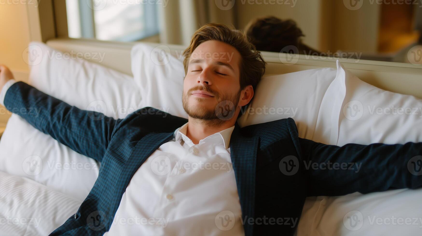 Relaxation in a hotel room after a long day of meetings and presentations photo
