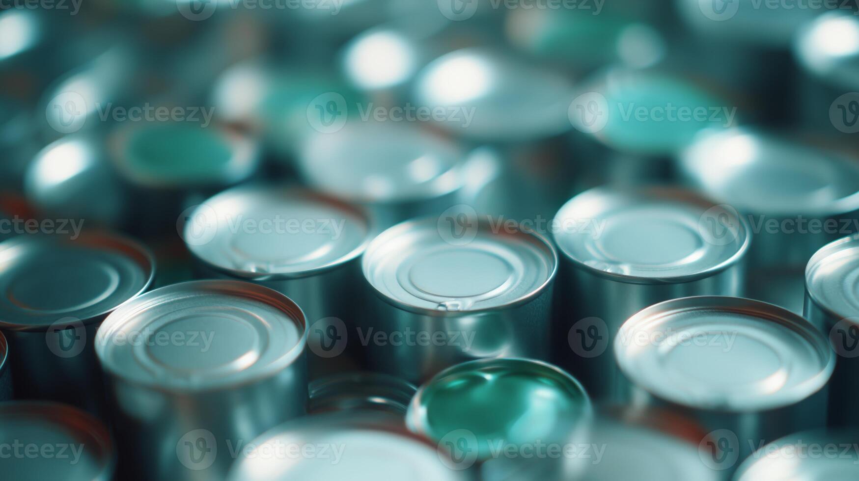 Metallic circular cans filled with a vibrant turquoise liquid set among a multitude of similar containers photo