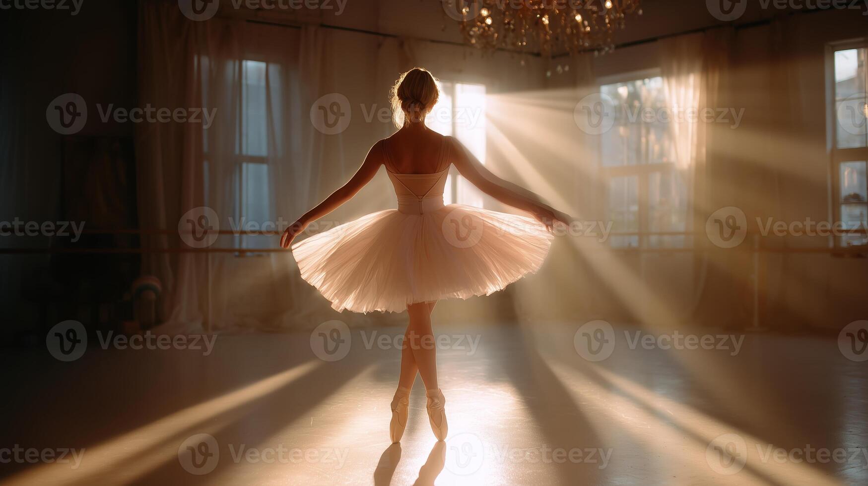 Ballet dancer in a studio illuminated by golden sunlight during practice session photo