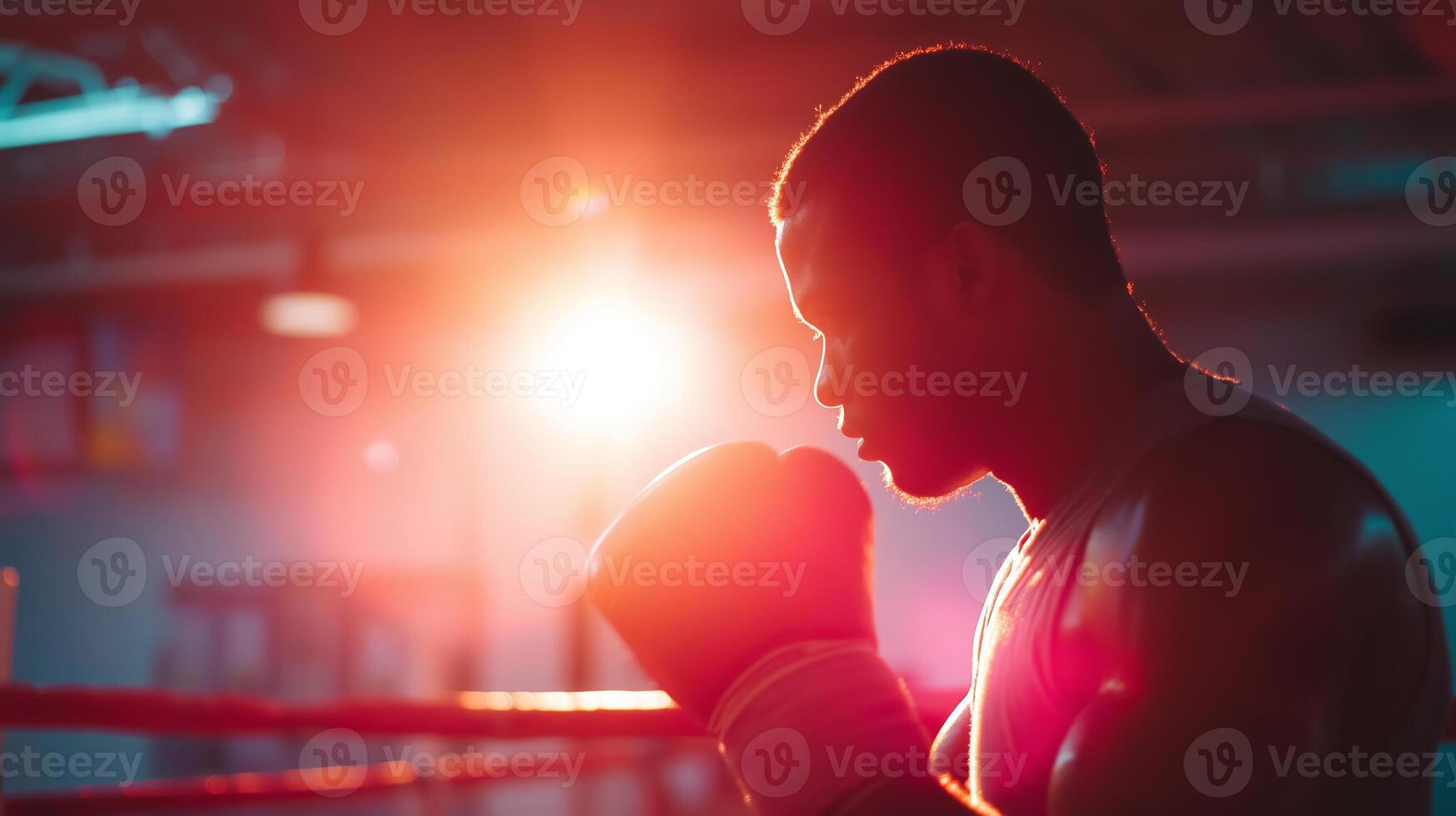 Boxer training in dimly lit gym with focus on silhouette and vibrant lighting effects during evening practice session photo