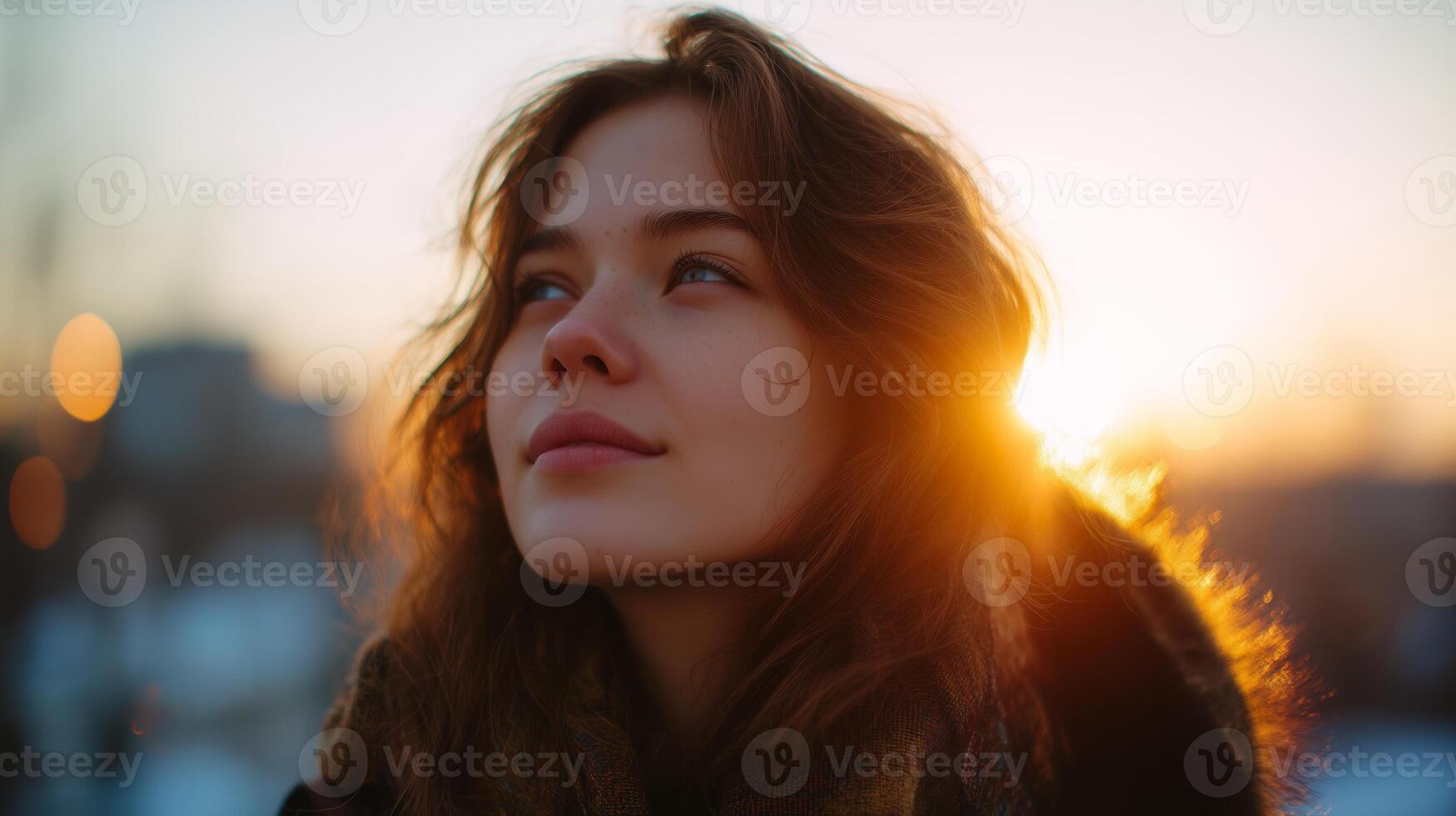 Young woman gazing at sunset with warm sunlight illuminating her face in a serene winter setting photo