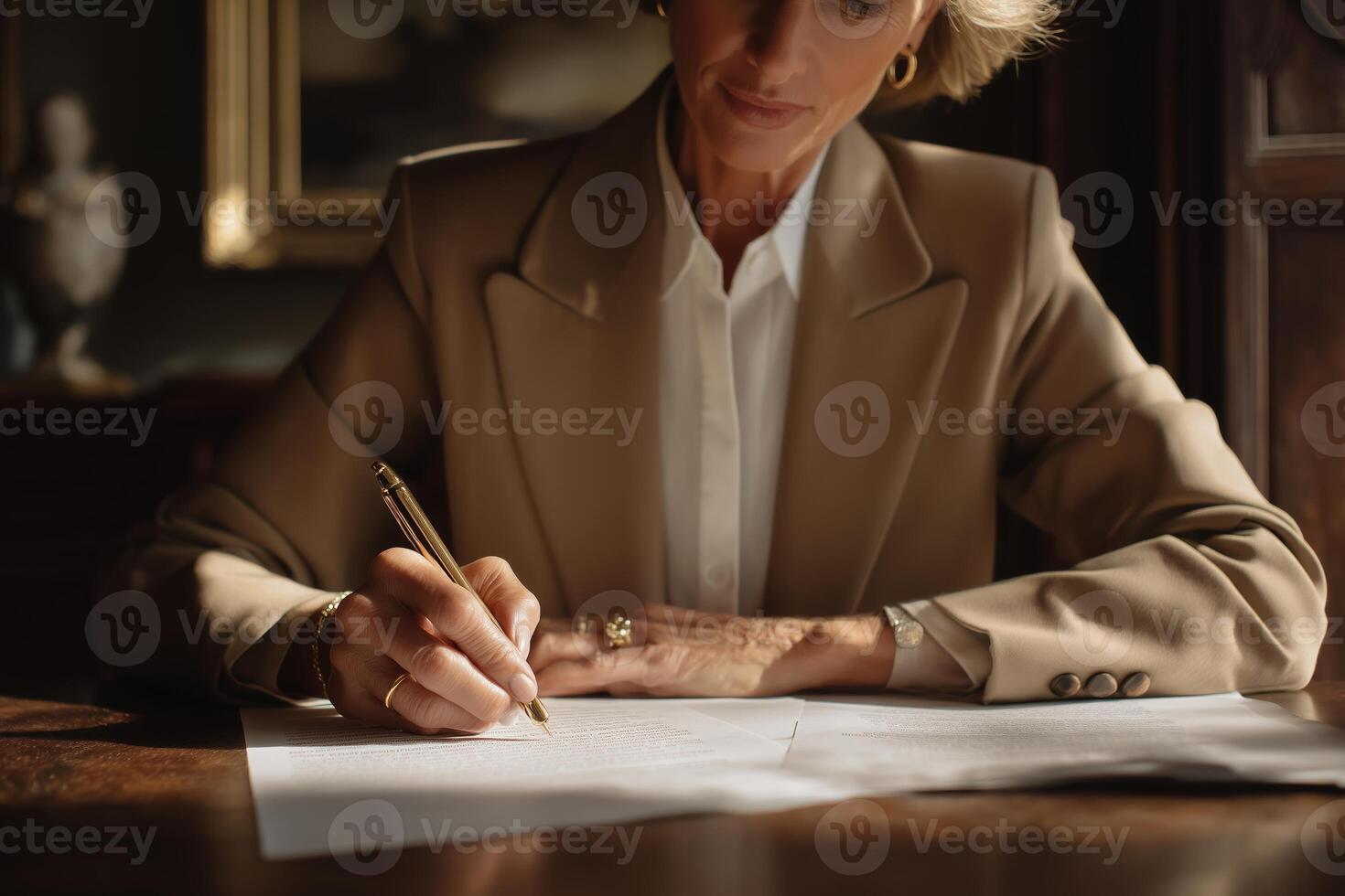 Professional woman writing a letter while sitting at a wooden table in a cozy room during afternoon light photo