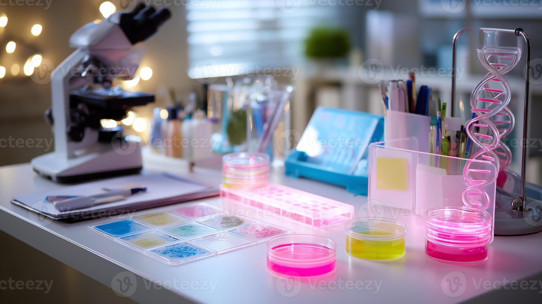 Colorful laboratory workspace with microscope and petri dishes glowing in the laboratory light photo