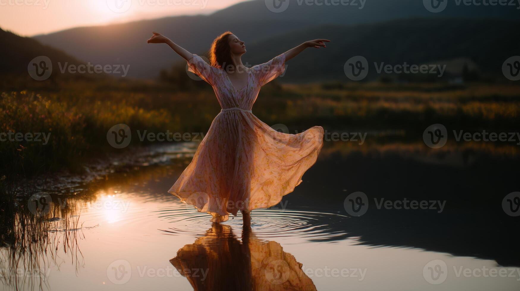 Woman dances gracefully on the surface of a calm lake during sunset in a serene landscape setting photo