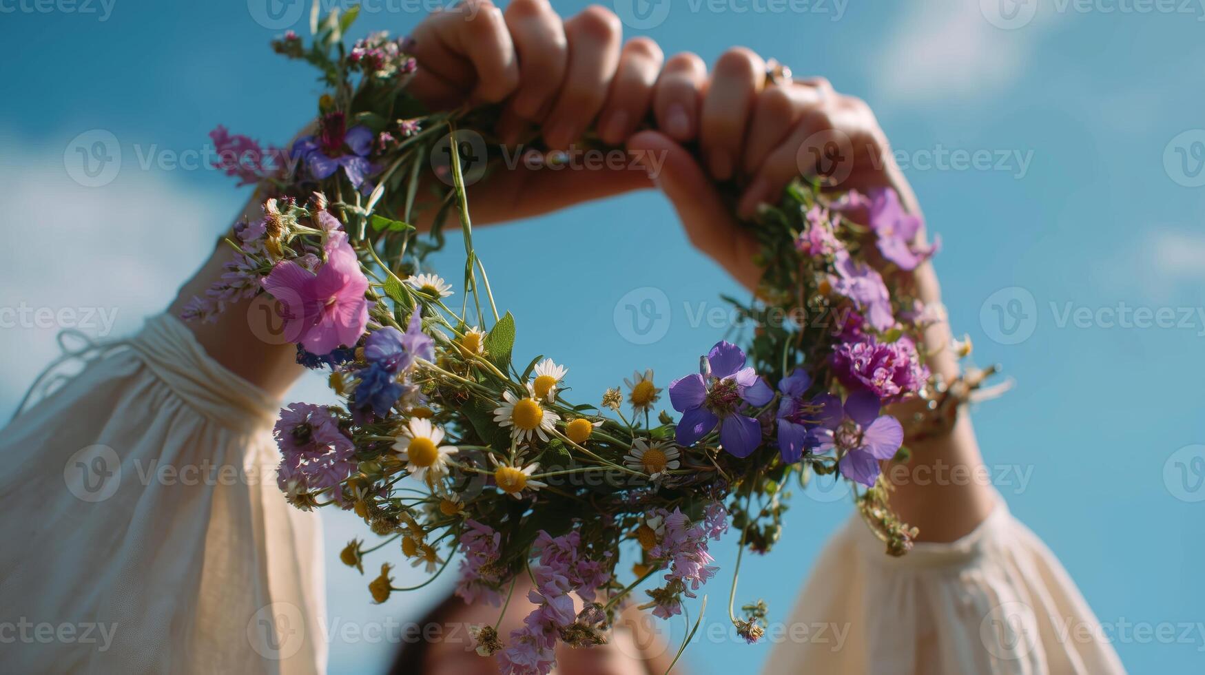 Holding a vibrant flower crown crafted from wildflowers under a clear blue sky during a sunny day in late spring photo