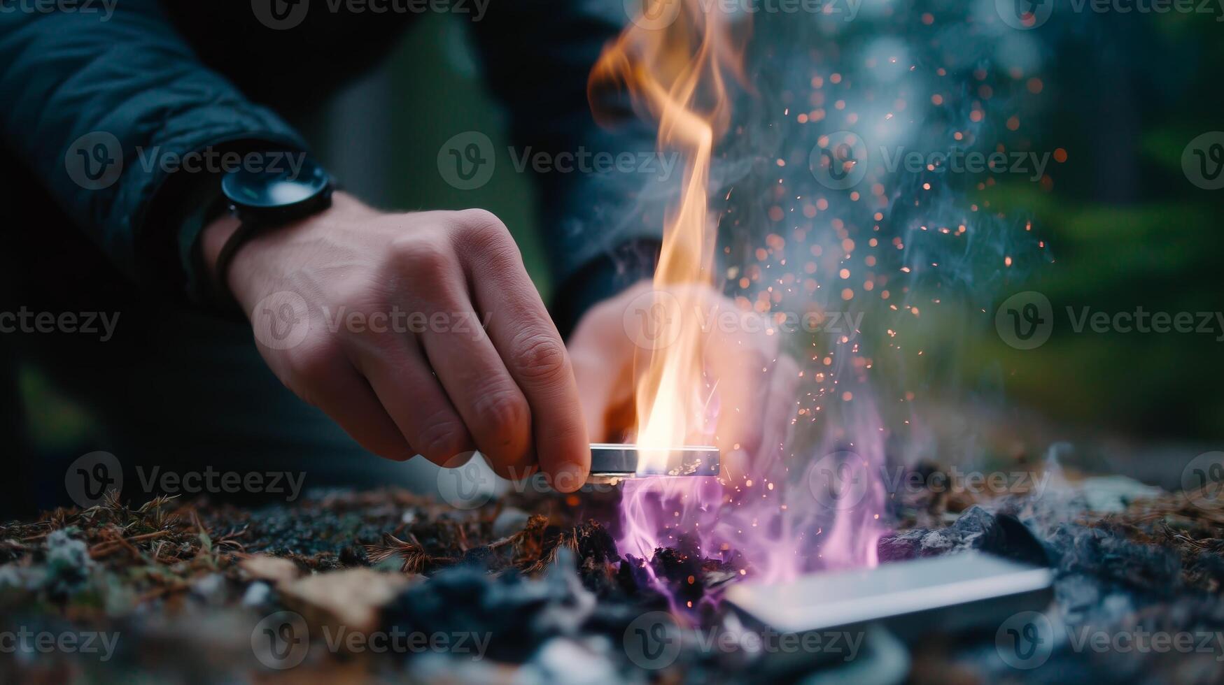 Catching fire with a spark in a forest at sunset while preparing for a camping adventure photo