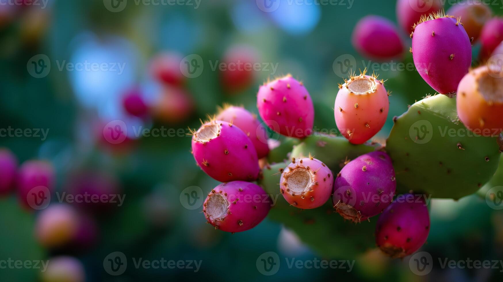 Colorful prickly pears growing on a cactus in a sunny garden during late summer photo