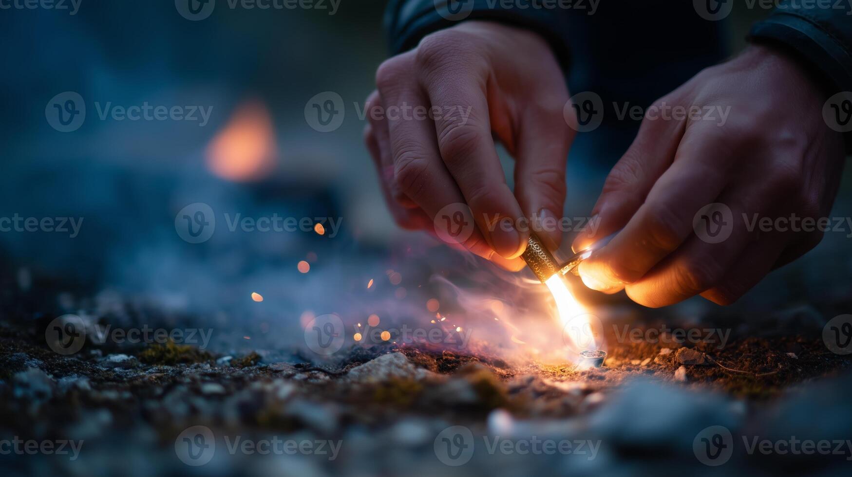 Creating fire with hands, spark igniting material on ground in nature during twilight hours photo