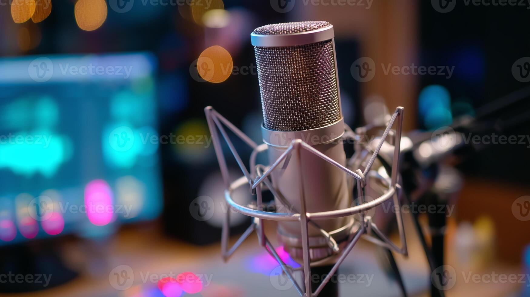 Professional microphone setup for recording audio in a modern studio environment with colorful lighting photo