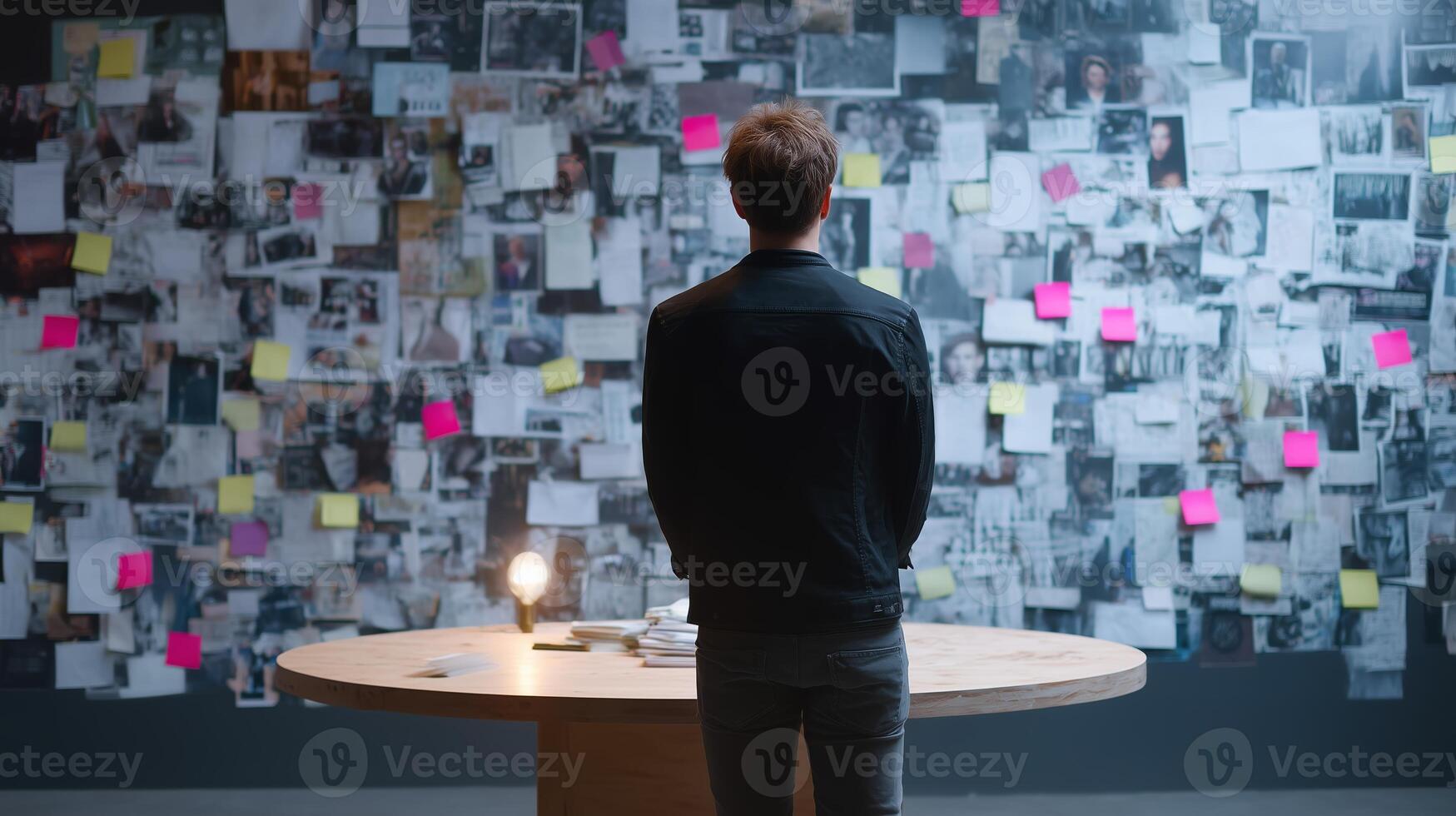 Individual analyzes a large collection of photos and notes on a wall in a dimly lit room while preparing for an investigation