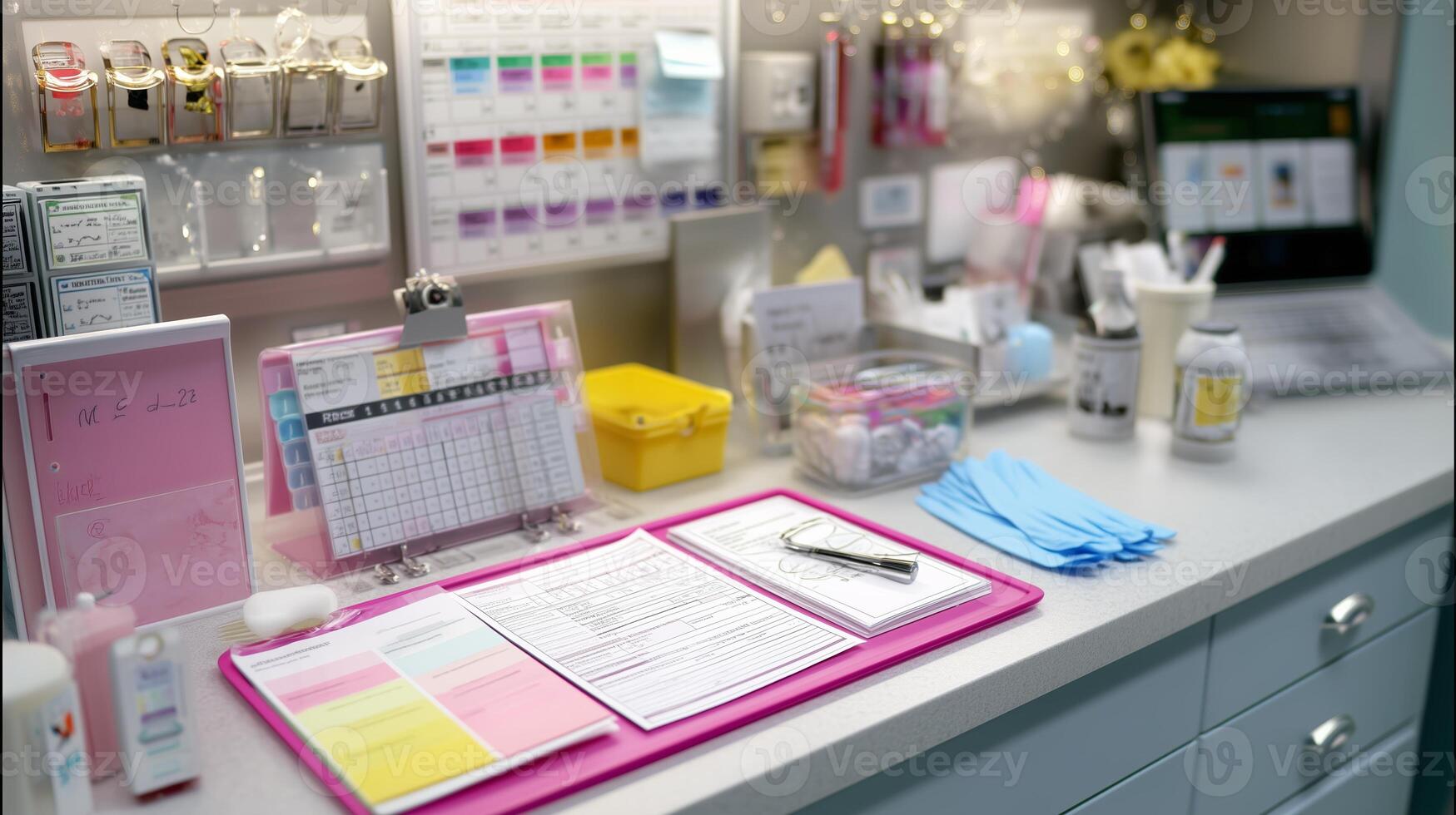 Workspace in a medical office with organized supplies and documentation during daytime hours photo